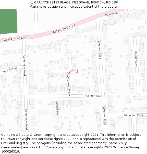 1, GRANTCHESTER PLACE, KESGRAVE, IPSWICH, IP5 1BP: Location map and indicative extent of plot