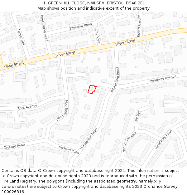 1, GREENHILL CLOSE, NAILSEA, BRISTOL, BS48 2EL: Location map and indicative extent of plot