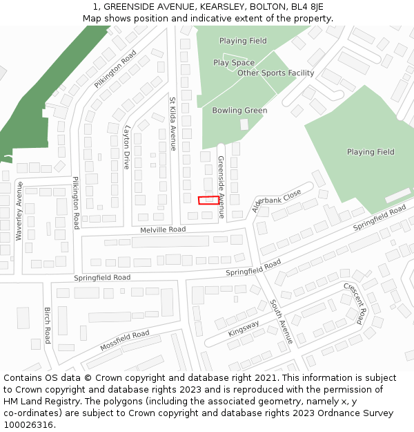 1, GREENSIDE AVENUE, KEARSLEY, BOLTON, BL4 8JE: Location map and indicative extent of plot