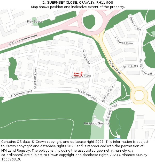 1, GUERNSEY CLOSE, CRAWLEY, RH11 9QS: Location map and indicative extent of plot