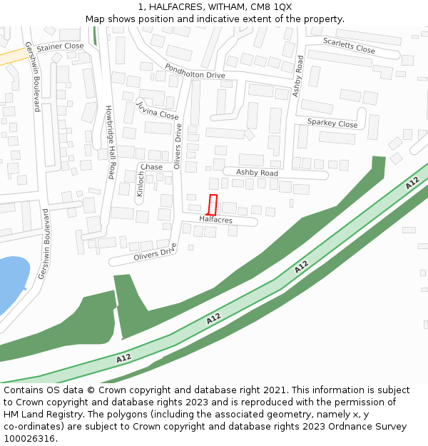 1, HALFACRES, WITHAM, CM8 1QX: Location map and indicative extent of plot