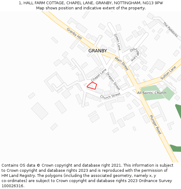 1, HALL FARM COTTAGE, CHAPEL LANE, GRANBY, NOTTINGHAM, NG13 9PW: Location map and indicative extent of plot