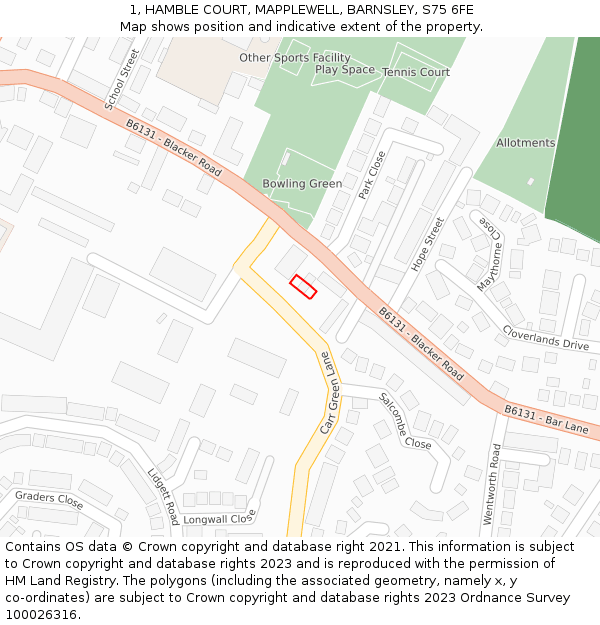 1, HAMBLE COURT, MAPPLEWELL, BARNSLEY, S75 6FE: Location map and indicative extent of plot