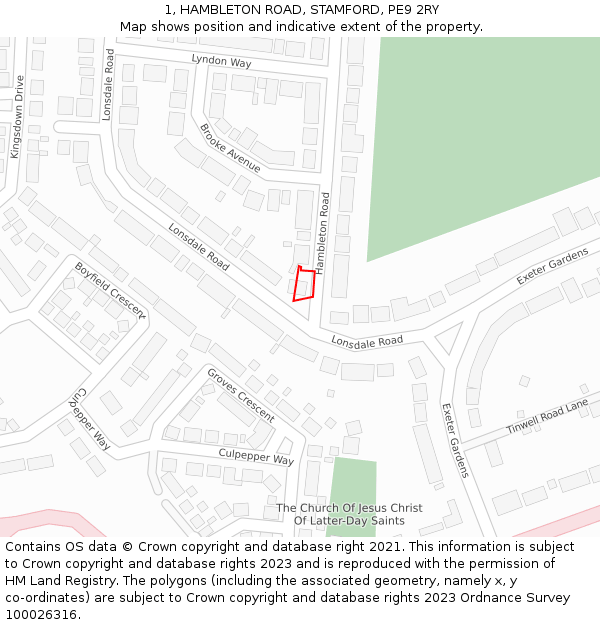 1, HAMBLETON ROAD, STAMFORD, PE9 2RY: Location map and indicative extent of plot