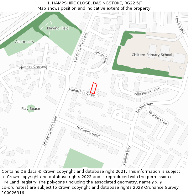 1, HAMPSHIRE CLOSE, BASINGSTOKE, RG22 5JT: Location map and indicative extent of plot