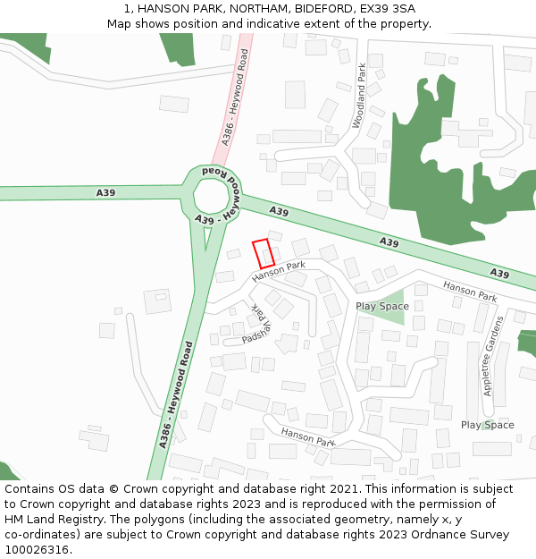 1, HANSON PARK, NORTHAM, BIDEFORD, EX39 3SA: Location map and indicative extent of plot