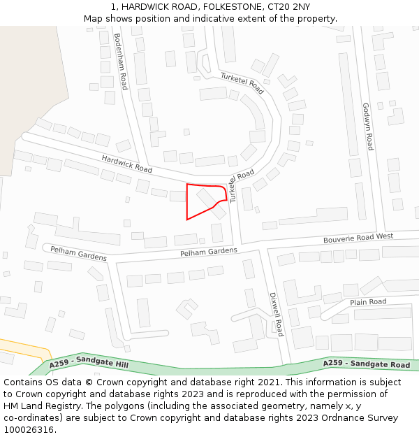 1, HARDWICK ROAD, FOLKESTONE, CT20 2NY: Location map and indicative extent of plot