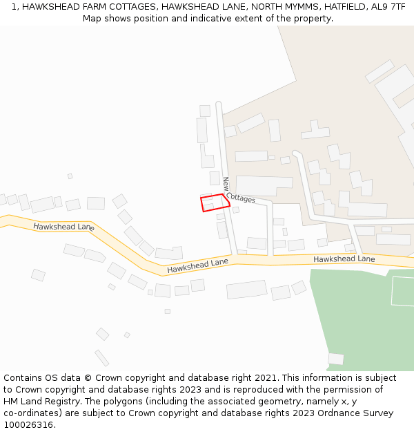 1, HAWKSHEAD FARM COTTAGES, HAWKSHEAD LANE, NORTH MYMMS, HATFIELD, AL9 7TF: Location map and indicative extent of plot