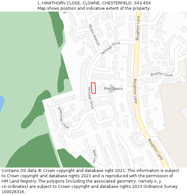 1, HAWTHORN CLOSE, CLOWNE, CHESTERFIELD, S43 4SX: Location map and indicative extent of plot