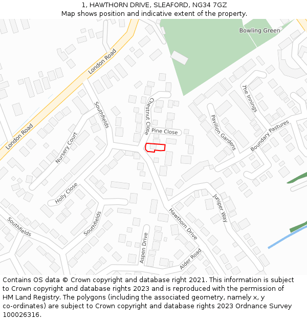 1, HAWTHORN DRIVE, SLEAFORD, NG34 7GZ: Location map and indicative extent of plot