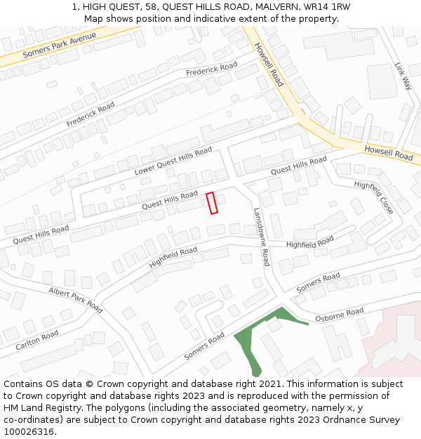 1, HIGH QUEST, 58, QUEST HILLS ROAD, MALVERN, WR14 1RW: Location map and indicative extent of plot