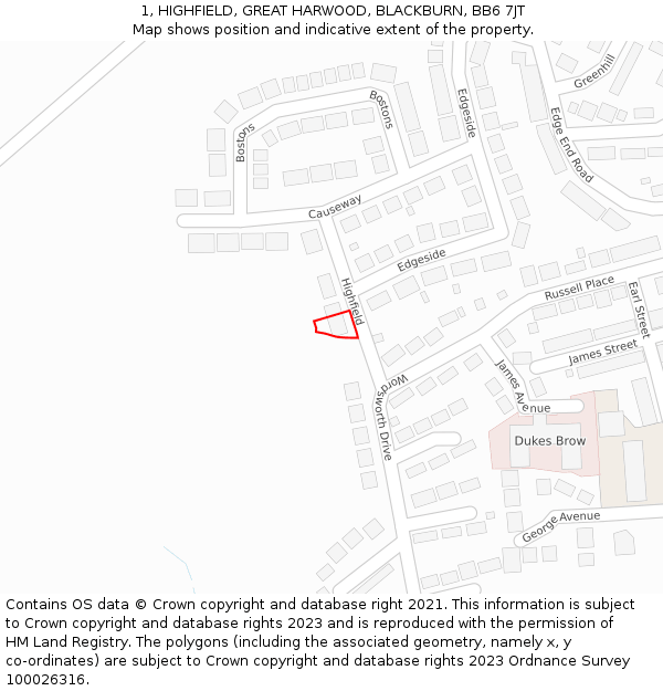 1, HIGHFIELD, GREAT HARWOOD, BLACKBURN, BB6 7JT: Location map and indicative extent of plot