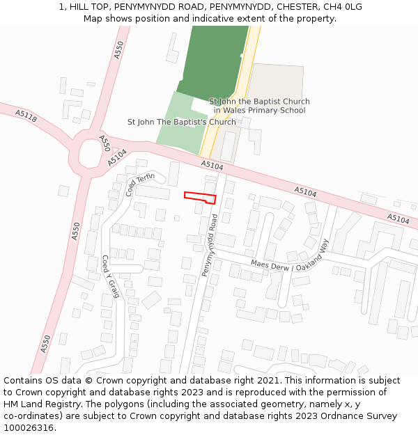 1, HILL TOP, PENYMYNYDD ROAD, PENYMYNYDD, CHESTER, CH4 0LG: Location map and indicative extent of plot