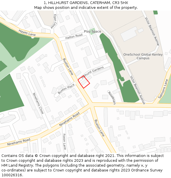 1, HILLHURST GARDENS, CATERHAM, CR3 5HX: Location map and indicative extent of plot