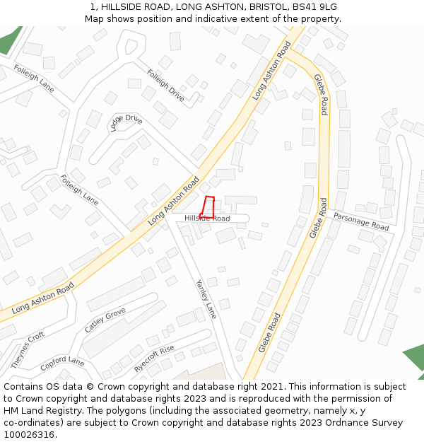 1, HILLSIDE ROAD, LONG ASHTON, BRISTOL, BS41 9LG: Location map and indicative extent of plot