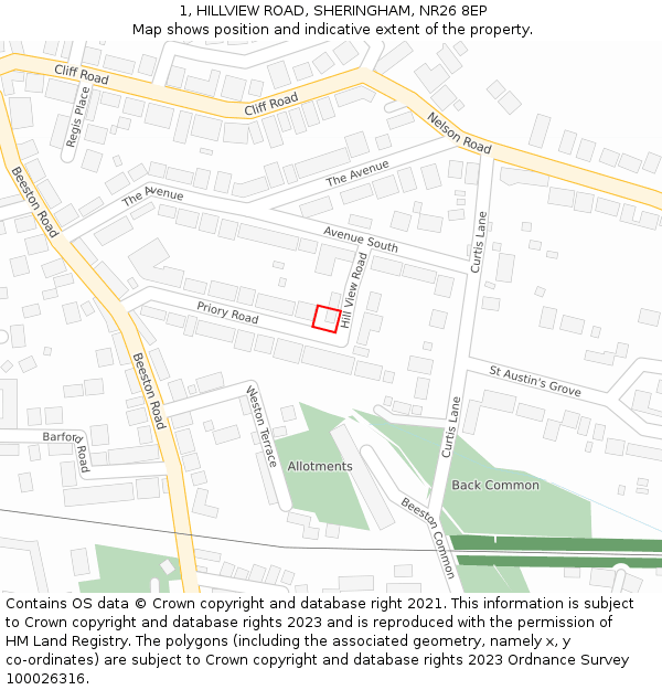 1, HILLVIEW ROAD, SHERINGHAM, NR26 8EP: Location map and indicative extent of plot