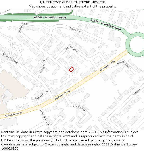 1, HITCHCOCK CLOSE, THETFORD, IP24 2BF: Location map and indicative extent of plot