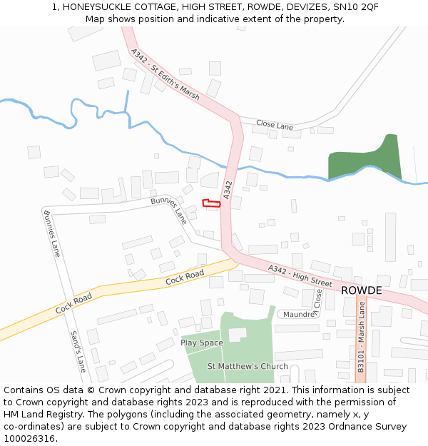 1, HONEYSUCKLE COTTAGE, HIGH STREET, ROWDE, DEVIZES, SN10 2QF: Location map and indicative extent of plot