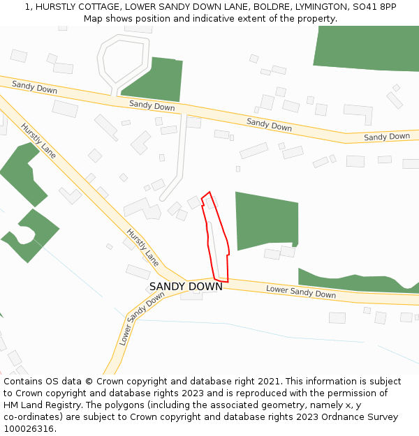 1, HURSTLY COTTAGE, LOWER SANDY DOWN LANE, BOLDRE, LYMINGTON, SO41 8PP: Location map and indicative extent of plot