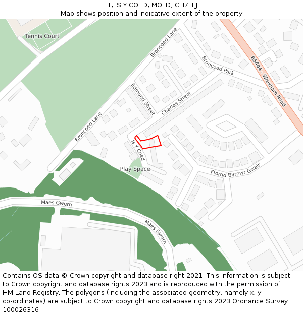 1, IS Y COED, MOLD, CH7 1JJ: Location map and indicative extent of plot