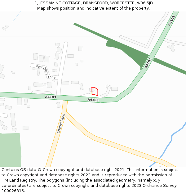 1, JESSAMINE COTTAGE, BRANSFORD, WORCESTER, WR6 5JB: Location map and indicative extent of plot