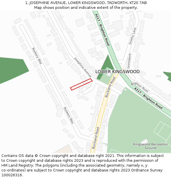 1, JOSEPHINE AVENUE, LOWER KINGSWOOD, TADWORTH, KT20 7AB: Location map and indicative extent of plot
