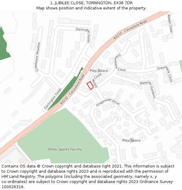 1, JUBILEE CLOSE, TORRINGTON, EX38 7DR: Location map and indicative extent of plot