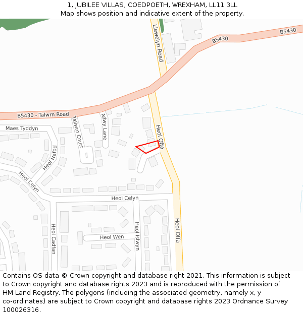 1, JUBILEE VILLAS, COEDPOETH, WREXHAM, LL11 3LL: Location map and indicative extent of plot