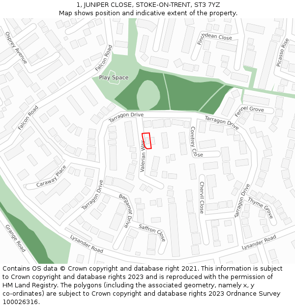 1, JUNIPER CLOSE, STOKE-ON-TRENT, ST3 7YZ: Location map and indicative extent of plot