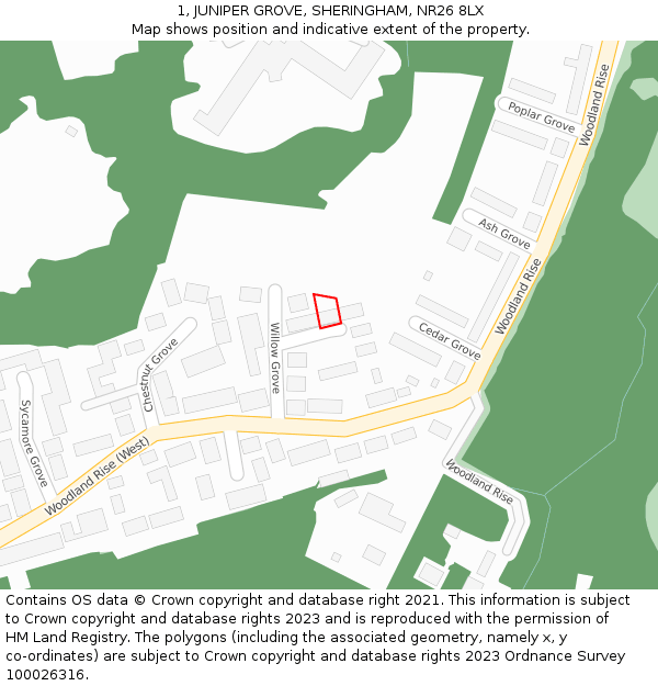 1, JUNIPER GROVE, SHERINGHAM, NR26 8LX: Location map and indicative extent of plot