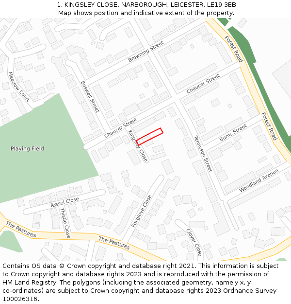 1, KINGSLEY CLOSE, NARBOROUGH, LEICESTER, LE19 3EB: Location map and indicative extent of plot