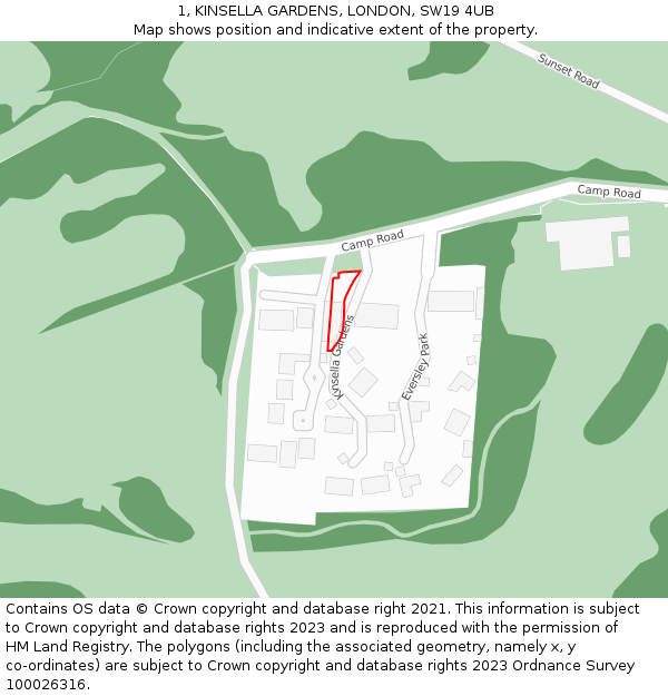 1, KINSELLA GARDENS, LONDON, SW19 4UB: Location map and indicative extent of plot