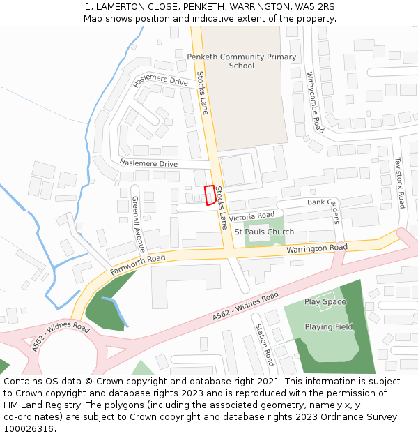1, LAMERTON CLOSE, PENKETH, WARRINGTON, WA5 2RS: Location map and indicative extent of plot