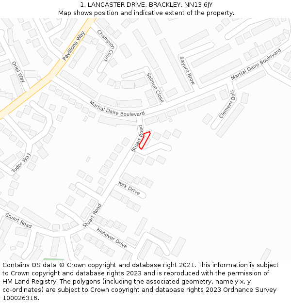 1, LANCASTER DRIVE, BRACKLEY, NN13 6JY: Location map and indicative extent of plot