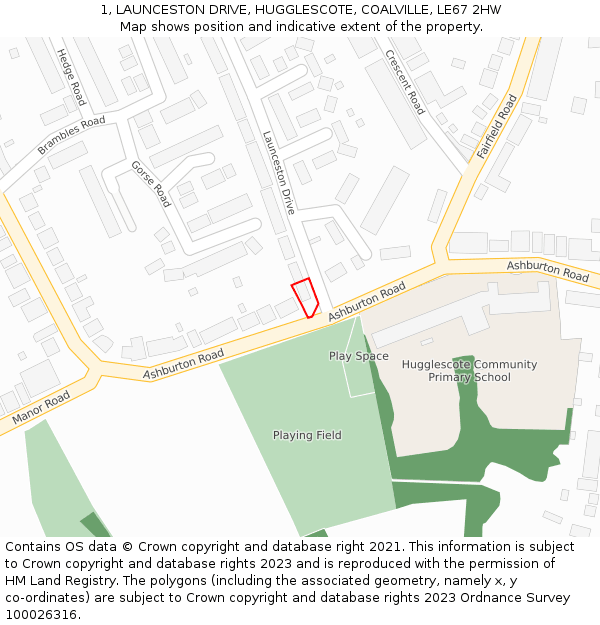 1, LAUNCESTON DRIVE, HUGGLESCOTE, COALVILLE, LE67 2HW: Location map and indicative extent of plot