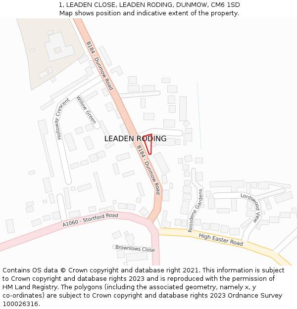 1, LEADEN CLOSE, LEADEN RODING, DUNMOW, CM6 1SD: Location map and indicative extent of plot