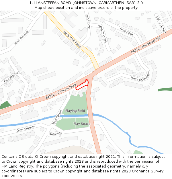 1, LLANSTEFFAN ROAD, JOHNSTOWN, CARMARTHEN, SA31 3LY: Location map and indicative extent of plot