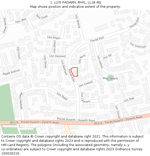 1, LLYS PADARN, RHYL, LL18 4EJ: Location map and indicative extent of plot