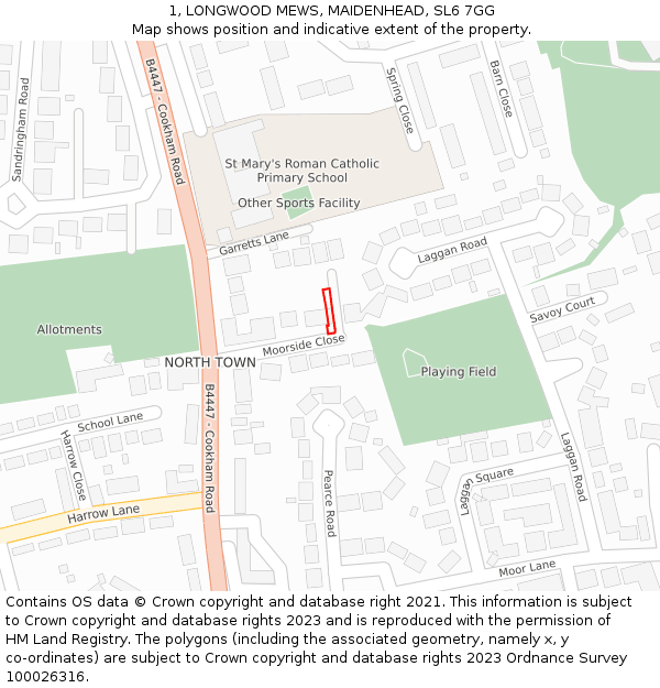 1, LONGWOOD MEWS, MAIDENHEAD, SL6 7GG: Location map and indicative extent of plot