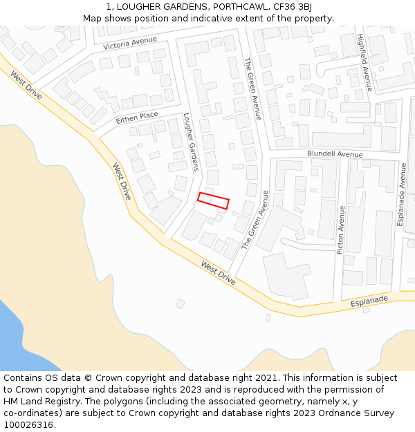 1, LOUGHER GARDENS, PORTHCAWL, CF36 3BJ: Location map and indicative extent of plot