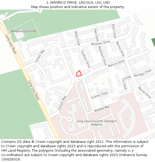 1, MANRICO DRIVE, LINCOLN, LN1 1AD: Location map and indicative extent of plot