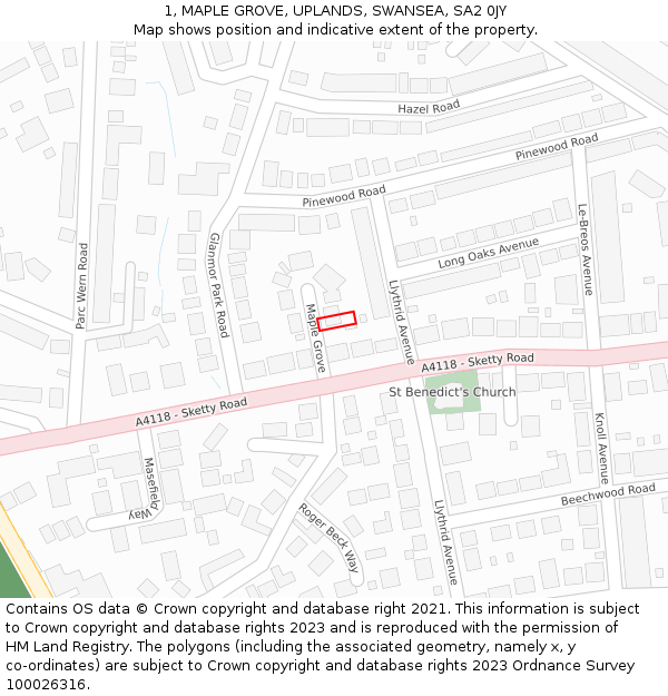 1, MAPLE GROVE, UPLANDS, SWANSEA, SA2 0JY: Location map and indicative extent of plot