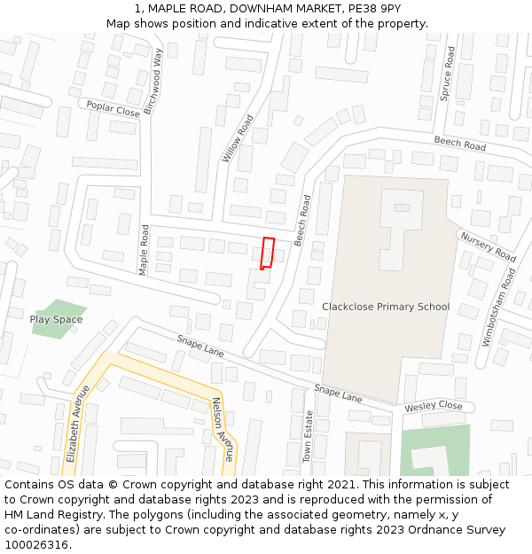 1, MAPLE ROAD, DOWNHAM MARKET, PE38 9PY: Location map and indicative extent of plot