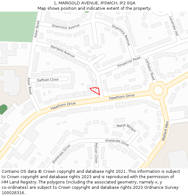 1, MARIGOLD AVENUE, IPSWICH, IP2 0QA: Location map and indicative extent of plot