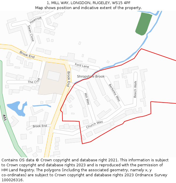 1, MILL WAY, LONGDON, RUGELEY, WS15 4PF: Location map and indicative extent of plot