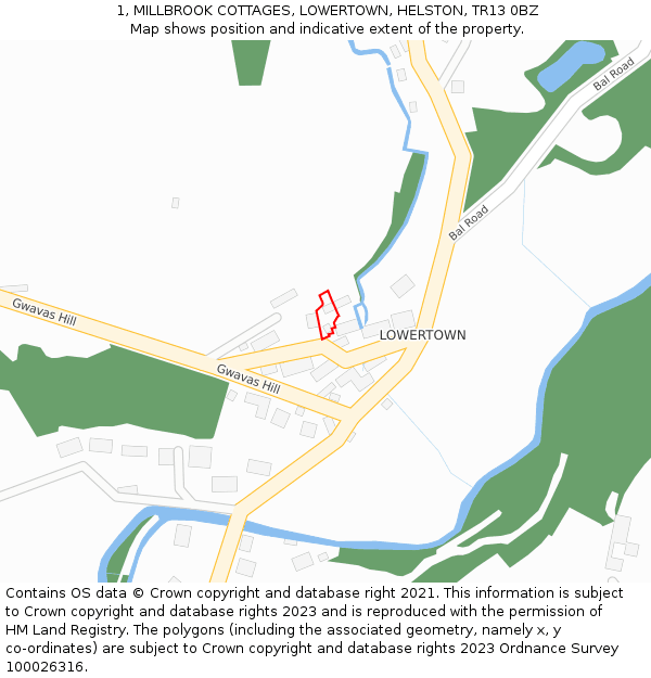 1, MILLBROOK COTTAGES, LOWERTOWN, HELSTON, TR13 0BZ: Location map and indicative extent of plot