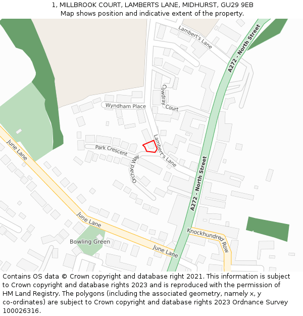 1, MILLBROOK COURT, LAMBERTS LANE, MIDHURST, GU29 9EB: Location map and indicative extent of plot