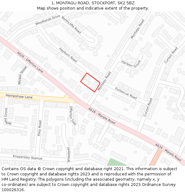 1, MONTAGU ROAD, STOCKPORT, SK2 5BZ: Location map and indicative extent of plot