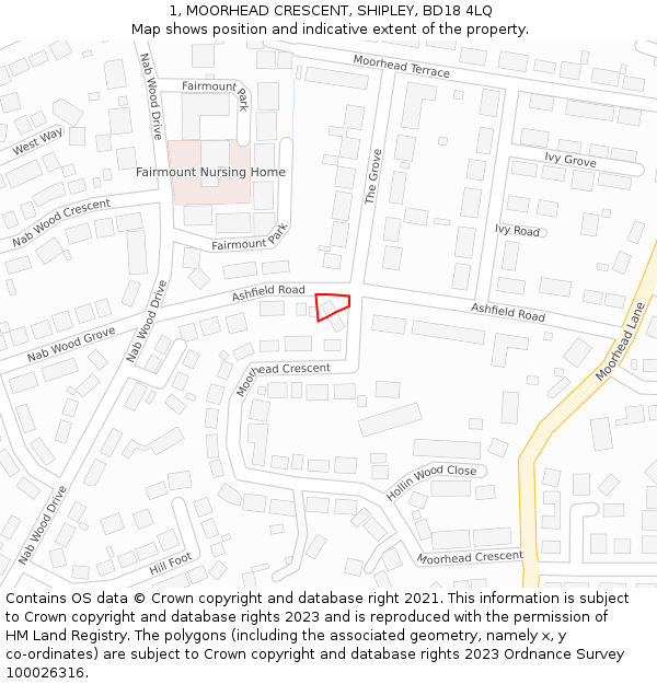 1, MOORHEAD CRESCENT, SHIPLEY, BD18 4LQ: Location map and indicative extent of plot