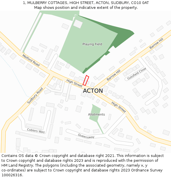 1, MULBERRY COTTAGES, HIGH STREET, ACTON, SUDBURY, CO10 0AT: Location map and indicative extent of plot